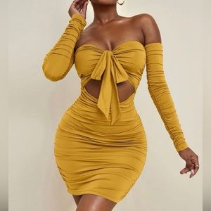 Ruched cut out knot front off shoulder Bodycon dress
